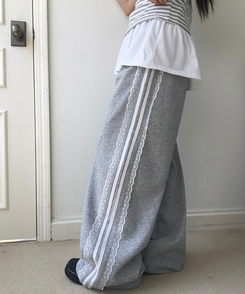 コットンパンツ レースライントラックラインワイドパンツ GREY