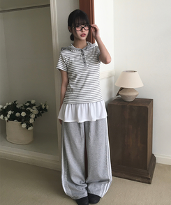 コットンパンツ レースライントラックラインワイドパンツ GREY