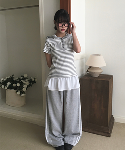 コットンパンツ レースライントラックラインワイドパンツ GREY