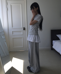 コットンパンツ レースライントラックラインワイドパンツ GREY