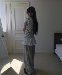 コットンパンツ レースライントラックラインワイドパンツ GREY