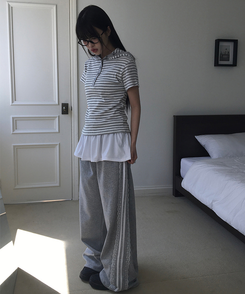 コットンパンツ レースライントラックラインワイドパンツ GREY