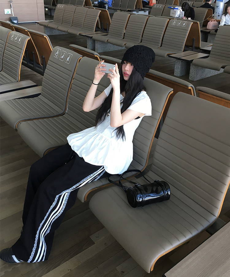 レースライントラックラインワイドパンツ BLACK