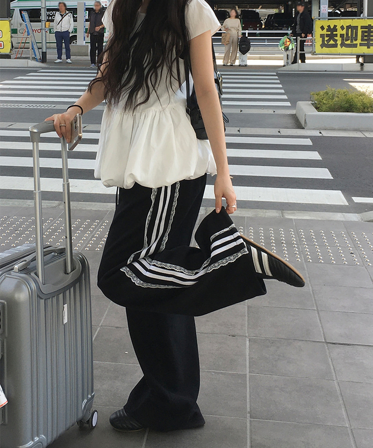 レースライントラックラインワイドパンツ BLACK