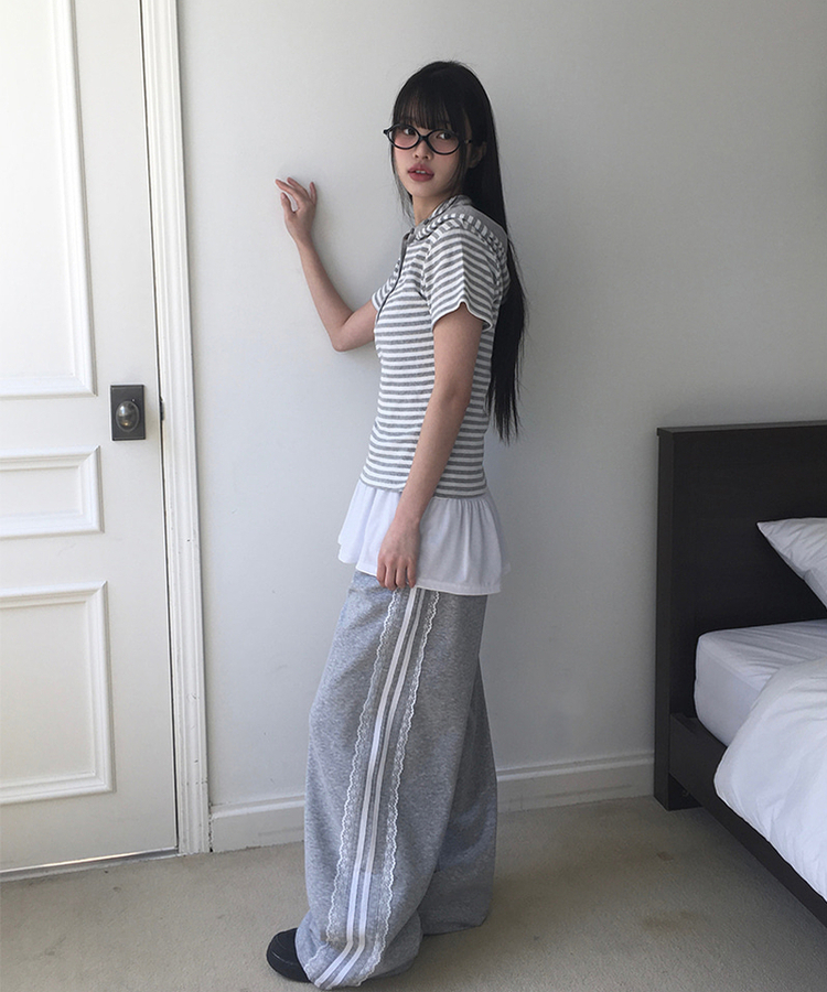 レースライントラックラインワイドパンツ GREY