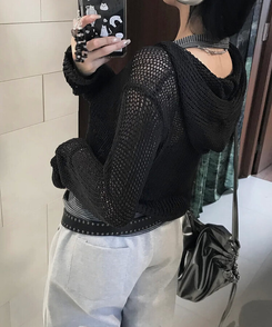 ジャンパー ネットニットフードジップアップ BLACK