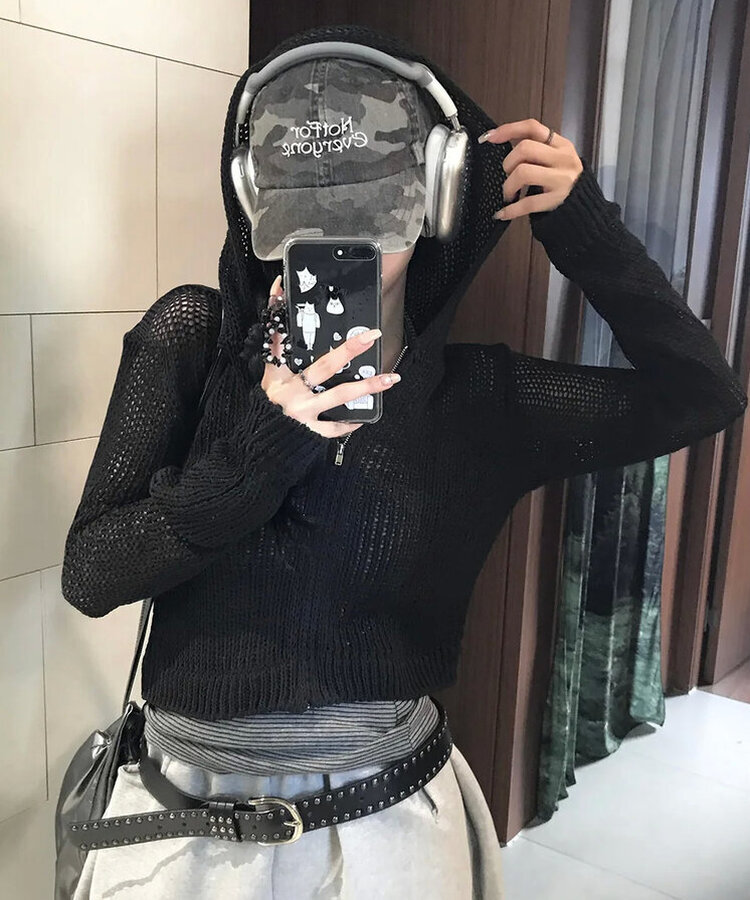 ネットニットフードジップアップ BLACK