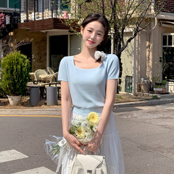 ニット (コーデに欠かせないアイテム♥/初夏までずっと)アナザー スクエアネック サマーカラー 半袖ニット SKYBLUE