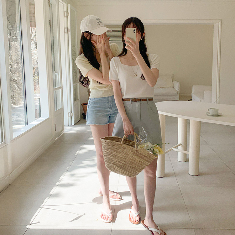 （コーデに欠かせないアイテム♥／初夏までずっと）アナザー スクエアネック サマーカラー 半袖ニット IVORY