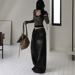 デニム バックポケットウォッシングワイドデニム BLACK DENIM
