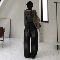 デニム バックポケットウォッシングワイドデニム BLACK DENIM