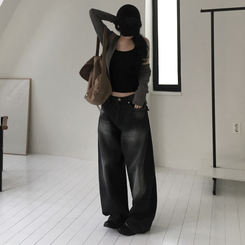 デニム バックポケットウォッシングワイドデニム BLACK DENIM