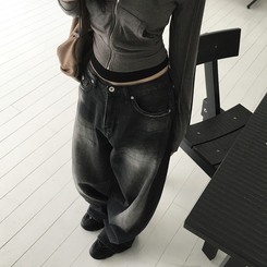 デニム バックポケットウォッシングワイドデニム BLACK DENIM
