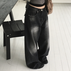 デニム バックポケットウォッシングワイドデニム BLACK DENIM