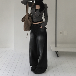 デニム バックポケットウォッシングワイドデニム BLACK DENIM