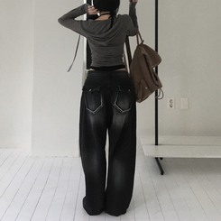 デニム バックポケットウォッシングワイドデニム BLACK DENIM