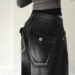 デニム バックポケットウォッシングワイドデニム BLACK DENIM