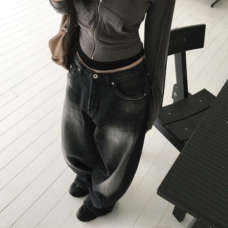 バックポケットウォッシングワイドデニム BLACK DENIM