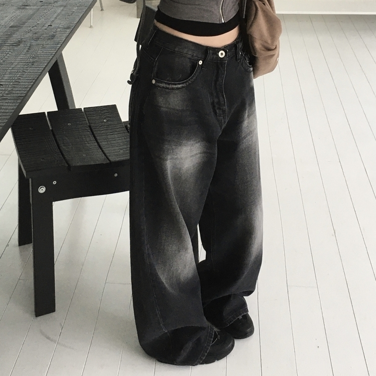 バックポケットウォッシングワイドデニム BLACK DENIM
