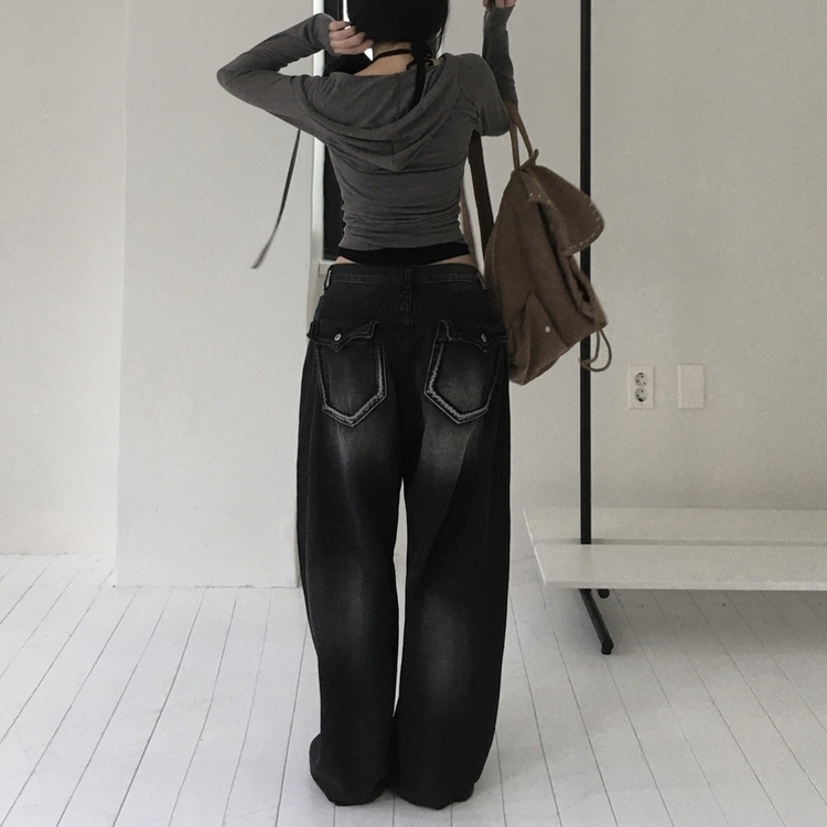 バックポケットウォッシングワイドデニム BLACK DENIM