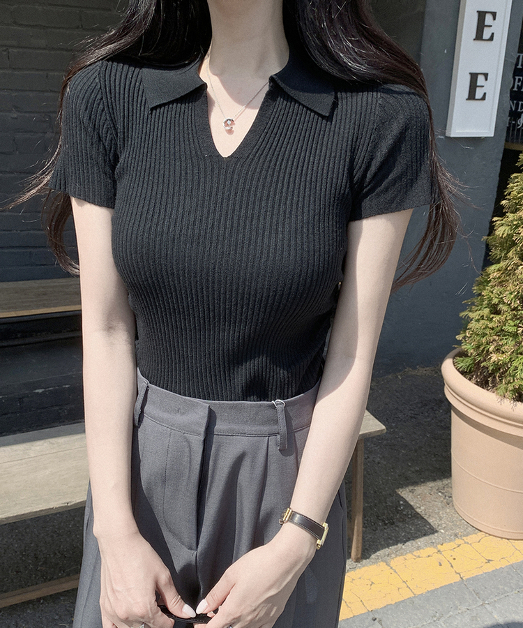 シャーリング半袖ニット BLACK