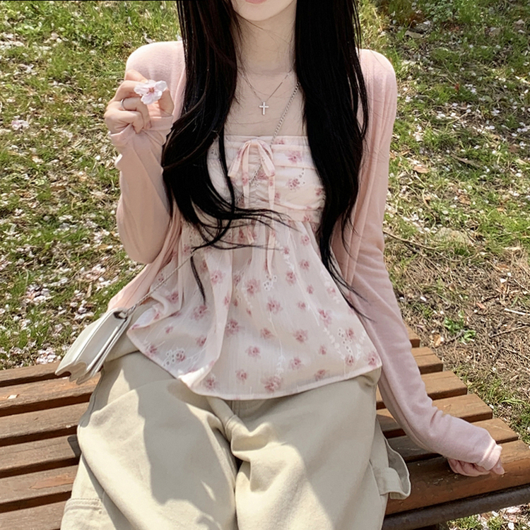 인간벚꽃 여름 플라워 쉬폰 뷔스티에 크롭 끈나시 블라우스 레이어드 긴팔가디건 투피스 세트 핑크