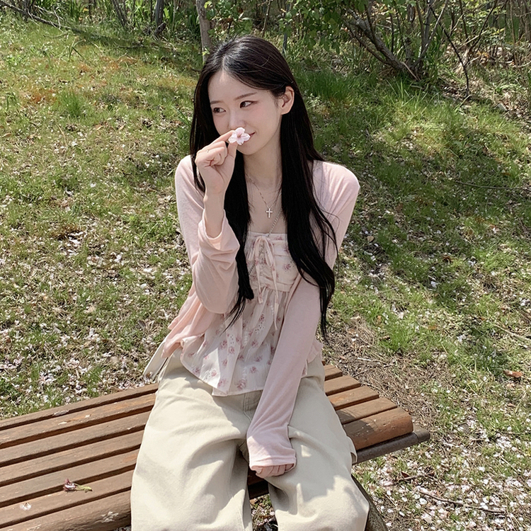 인간벚꽃 여름 플라워 쉬폰 뷔스티에 크롭 끈나시 블라우스 레이어드 긴팔가디건 투피스 세트 핑크