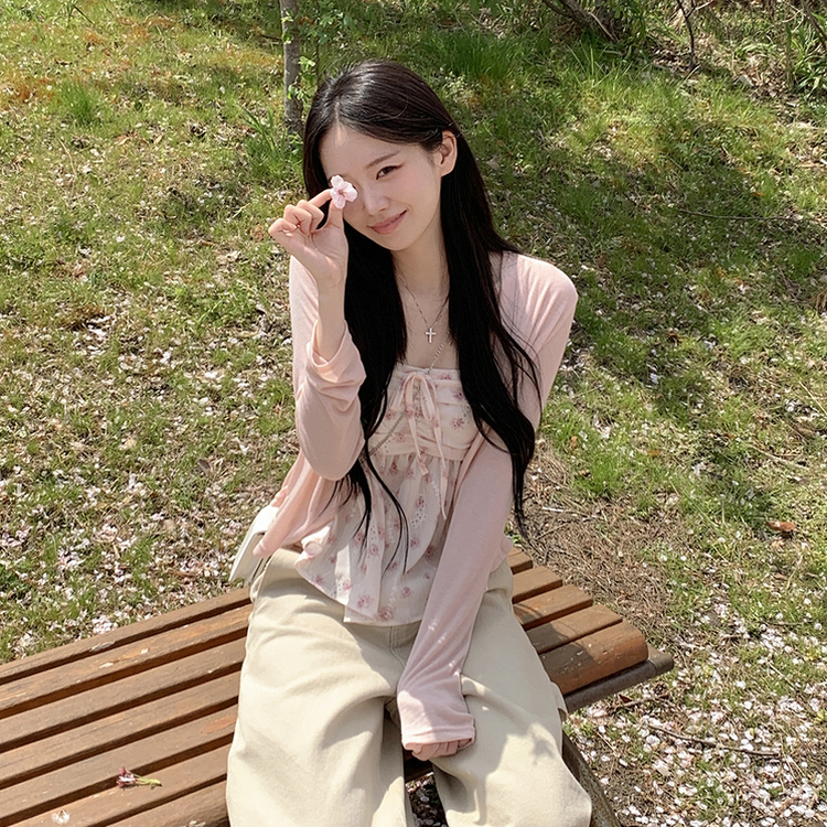 인간벚꽃 여름 플라워 쉬폰 뷔스티에 크롭 끈나시 블라우스 레이어드 긴팔가디건 투피스 세트 핑크