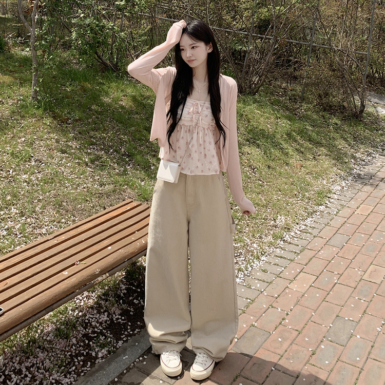 인간벚꽃 여름 플라워 쉬폰 뷔스티에 크롭 끈나시 블라우스 레이어드 긴팔가디건 투피스 세트 핑크