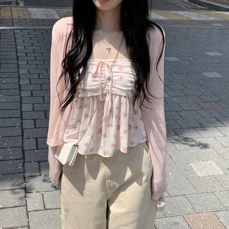 인간벚꽃 여름 플라워 쉬폰 뷔스티에 크롭 끈나시 블라우스 레이어드 긴팔가디건 투피스 세트 핑크