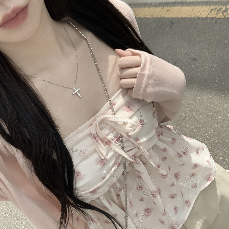 인간벚꽃 여름 플라워 쉬폰 뷔스티에 크롭 끈나시 블라우스 레이어드 긴팔가디건 투피스 세트 핑크