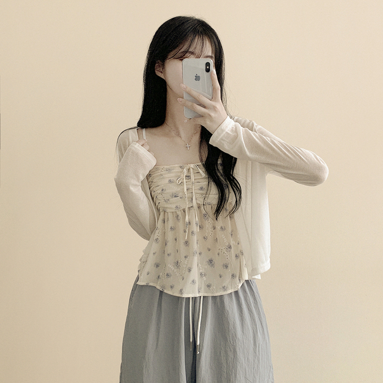 인간벚꽃 여름 플라워 쉬폰 뷔스티에 크롭 끈나시 블라우스 레이어드 긴팔가디건 투피스 세트 아이보리