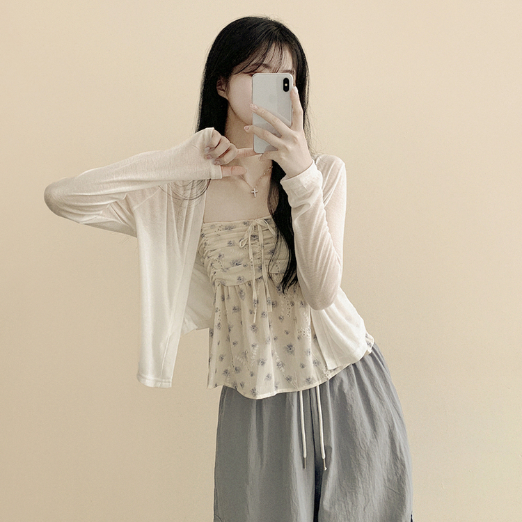 인간벚꽃 여름 플라워 쉬폰 뷔스티에 크롭 끈나시 블라우스 레이어드 긴팔가디건 투피스 세트 아이보리