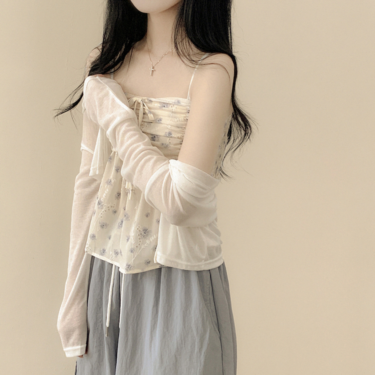 인간벚꽃 여름 플라워 쉬폰 뷔스티에 크롭 끈나시 블라우스 레이어드 긴팔가디건 투피스 세트 아이보리