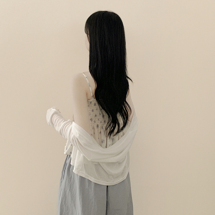 인간벚꽃 여름 플라워 쉬폰 뷔스티에 크롭 끈나시 블라우스 레이어드 긴팔가디건 투피스 세트 아이보리