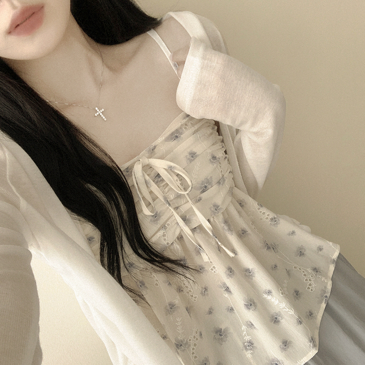 인간벚꽃 여름 플라워 쉬폰 뷔스티에 크롭 끈나시 블라우스 레이어드 긴팔가디건 투피스 세트 아이보리