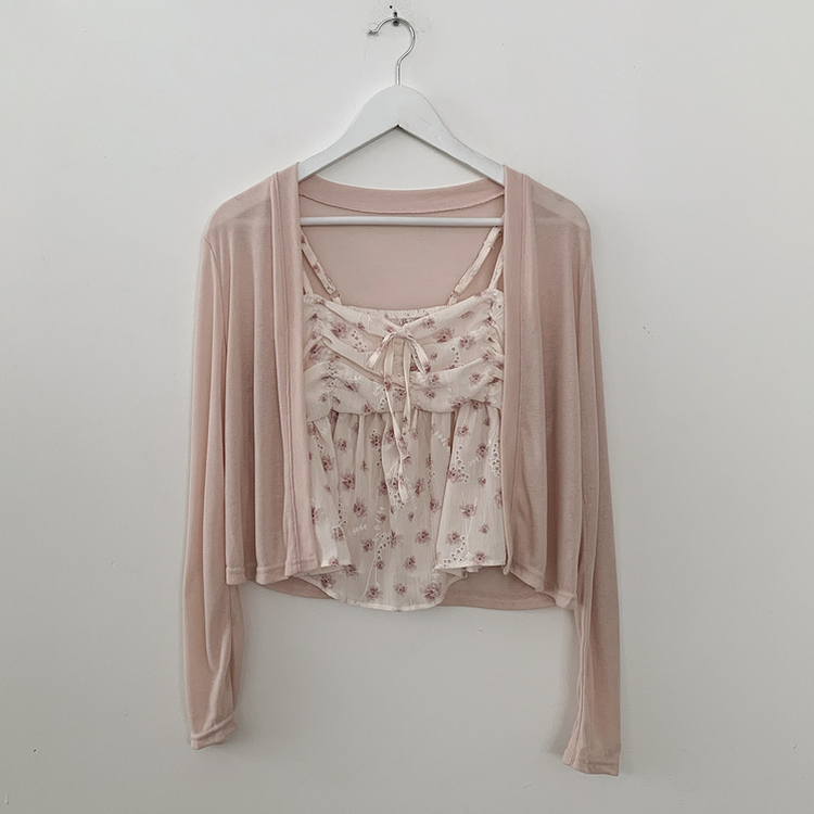 인간벚꽃 여름 플라워 쉬폰 뷔스티에 크롭 끈나시 블라우스 레이어드 긴팔가디건 투피스 세트