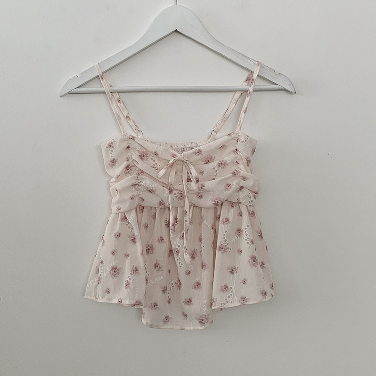 인간벚꽃 여름 플라워 쉬폰 뷔스티에 크롭 끈나시 블라우스 레이어드 긴팔가디건 투피스 세트