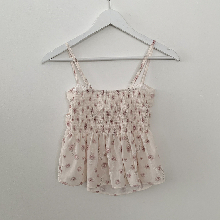 인간벚꽃 여름 플라워 쉬폰 뷔스티에 크롭 끈나시 블라우스 레이어드 긴팔가디건 투피스 세트