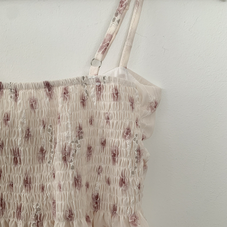 인간벚꽃 여름 플라워 쉬폰 뷔스티에 크롭 끈나시 블라우스 레이어드 긴팔가디건 투피스 세트