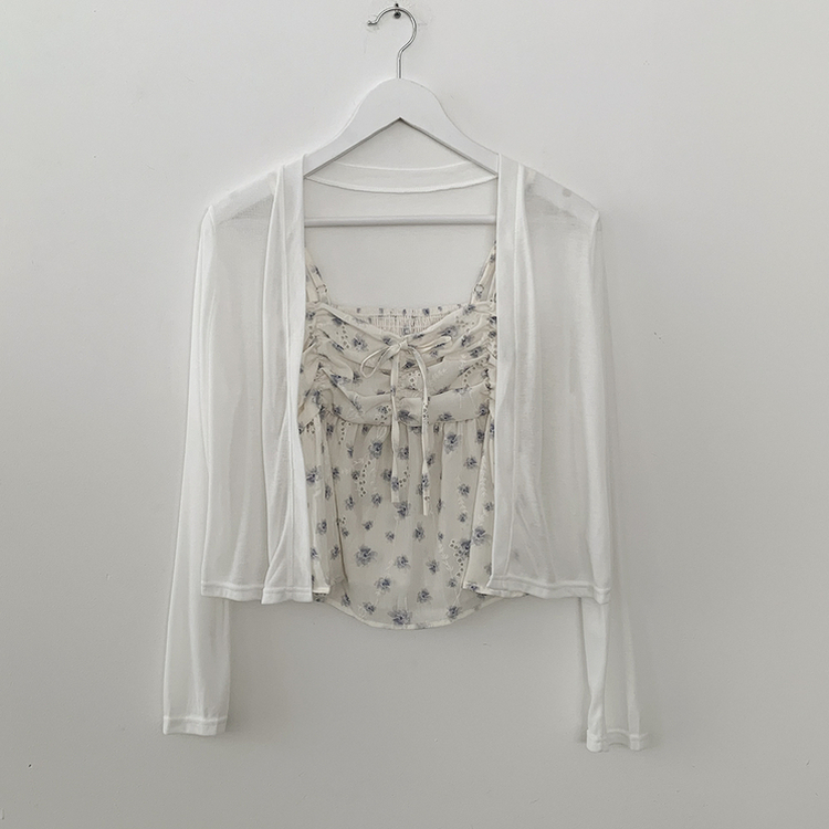 인간벚꽃 여름 플라워 쉬폰 뷔스티에 크롭 끈나시 블라우스 레이어드 긴팔가디건 투피스 세트