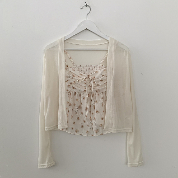 인간벚꽃 여름 플라워 쉬폰 뷔스티에 크롭 끈나시 블라우스 레이어드 긴팔가디건 투피스 세트