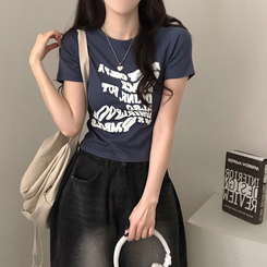 半袖Tシャツ レタリングクロップ半袖Tシャツ(5color) BLUE