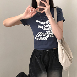 半袖Tシャツ レタリングクロップ半袖Tシャツ(5color) BLUE