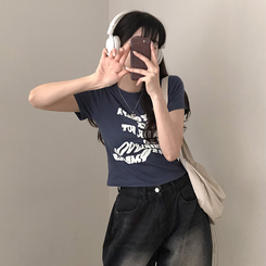 半袖Tシャツ レタリングクロップ半袖Tシャツ(5color) BLUE