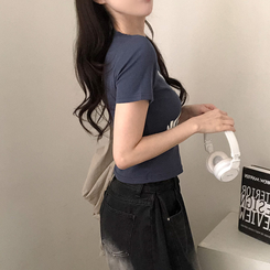 半袖Tシャツ レタリングクロップ半袖Tシャツ(5color) BLUE
