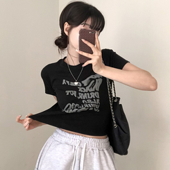 半袖Tシャツ レタリングクロップ半袖Tシャツ(5color) BLACK
