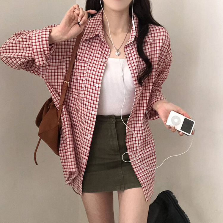 마인파밍 루즈핏 체크 셔츠 빨강