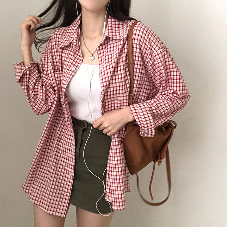 마인파밍 루즈핏 체크 셔츠 빨강