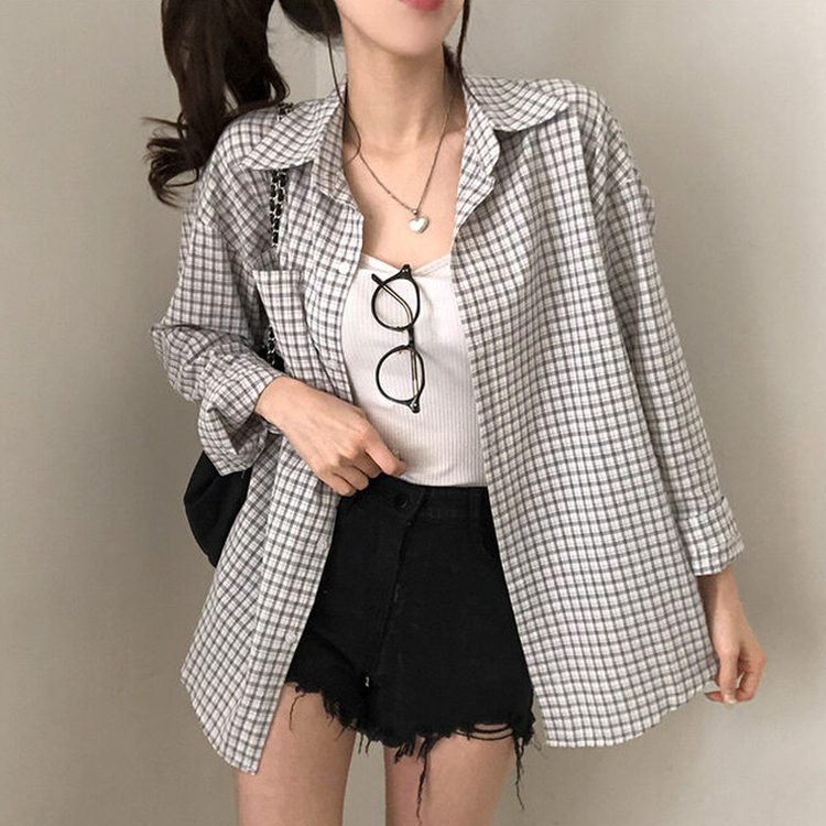 마인파밍 루즈핏 체크 셔츠 회색